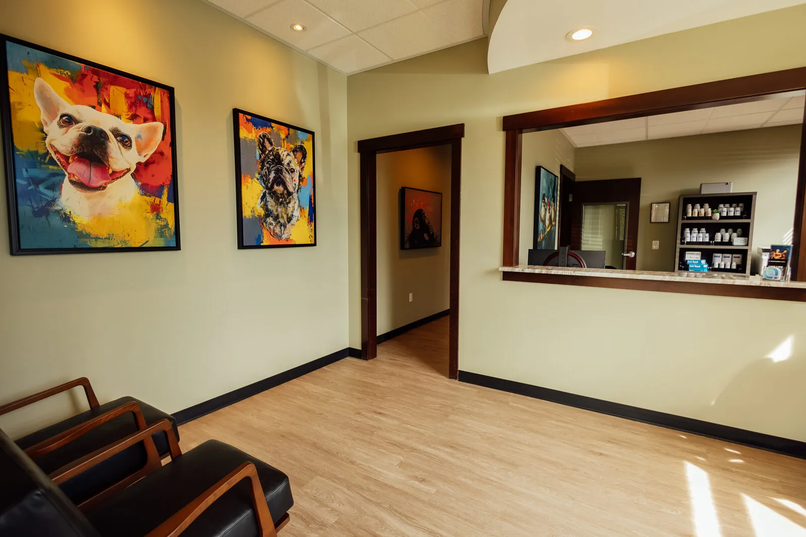 Asymmetric Health lobby with French Bulldog art and supplement wall