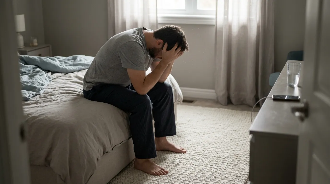 Man sitting on bed experiencing fatigue and brain fog, representing unexplained chronic symptoms