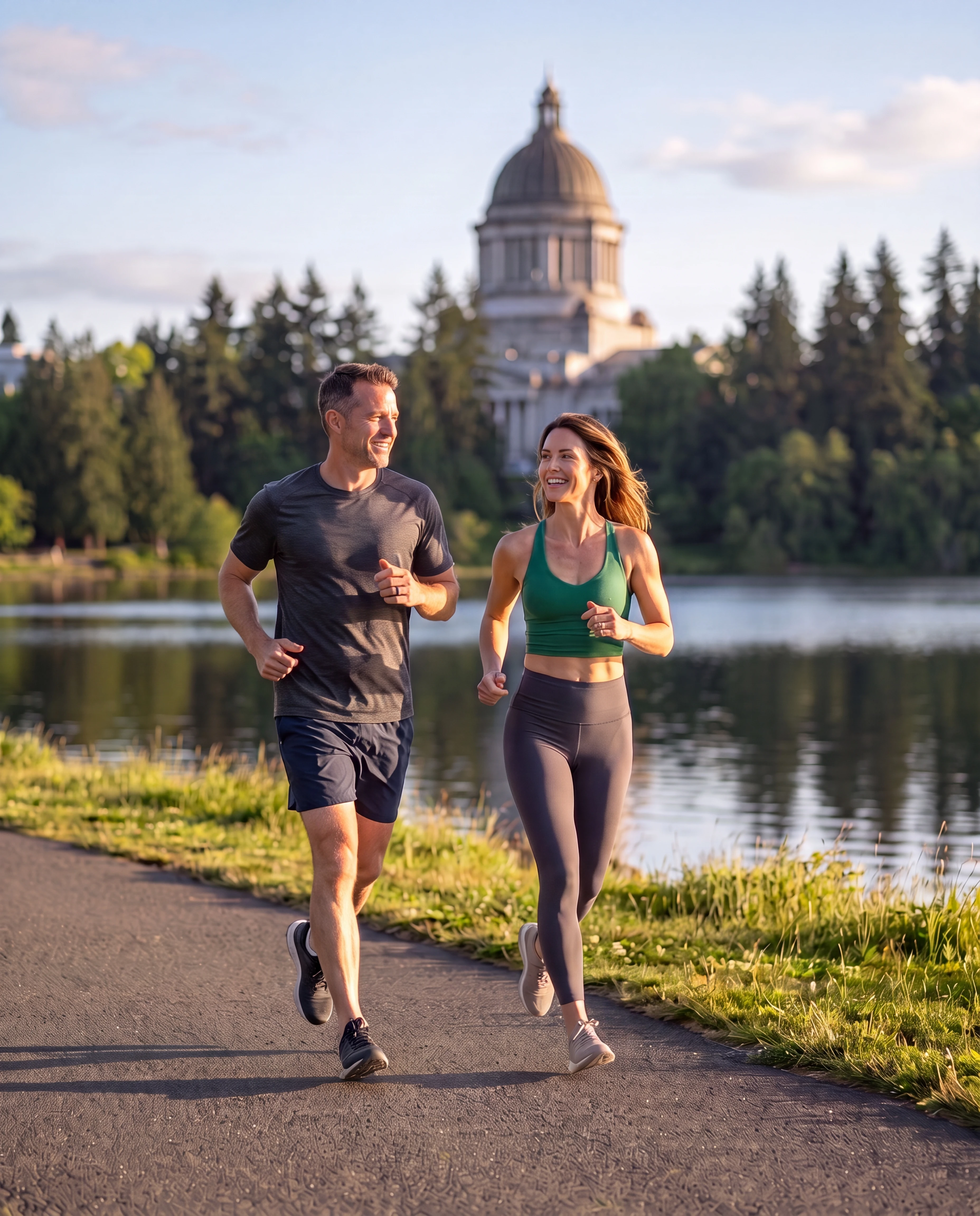 Man and woman jogging the Capitol Lake trail in Olympia, WA with the Washington State Capitol dome behind them