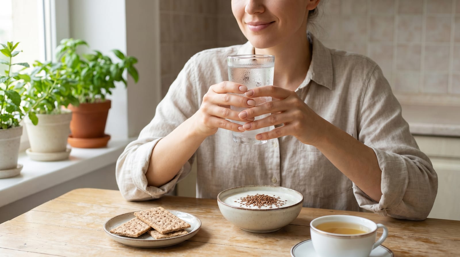 Woman easing into a light meal with water and ginger tea, illustrating an educational article on managing GLP-1 side effects from semaglutide and tirzepatide
