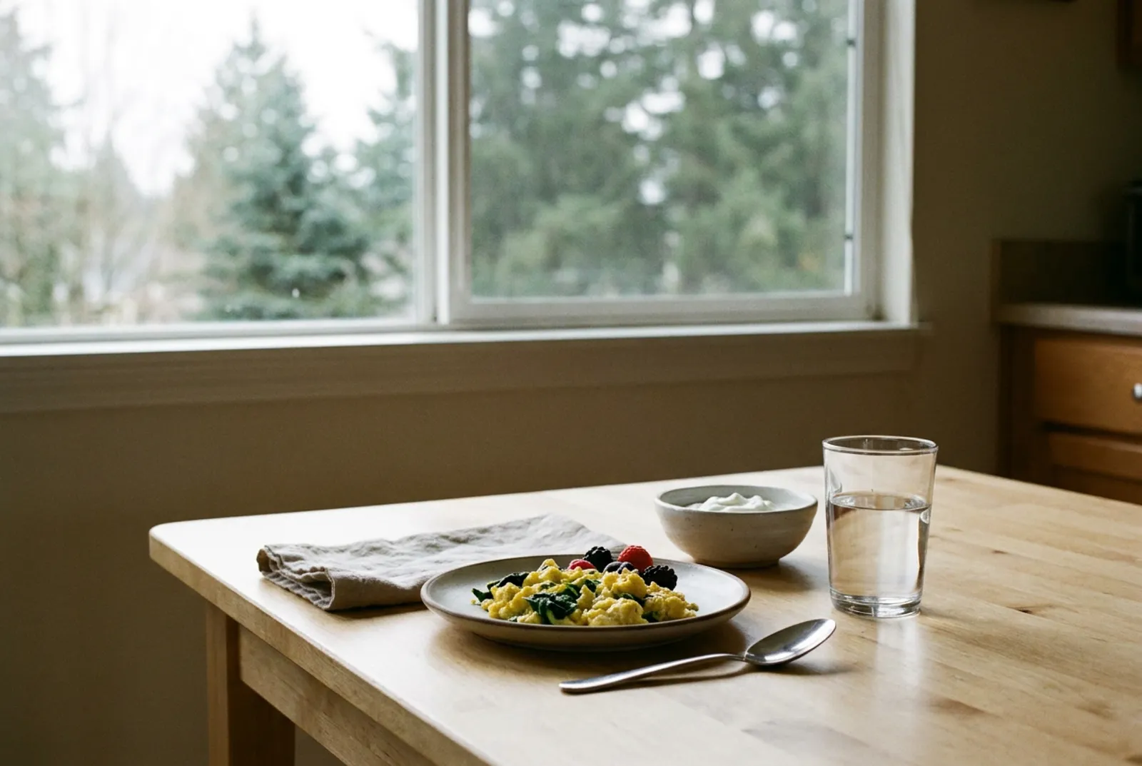 Small breakfast of scrambled eggs with spinach and berries, a bowl of plain yogurt and a glass of water on a wooden table by a window with evergreen trees