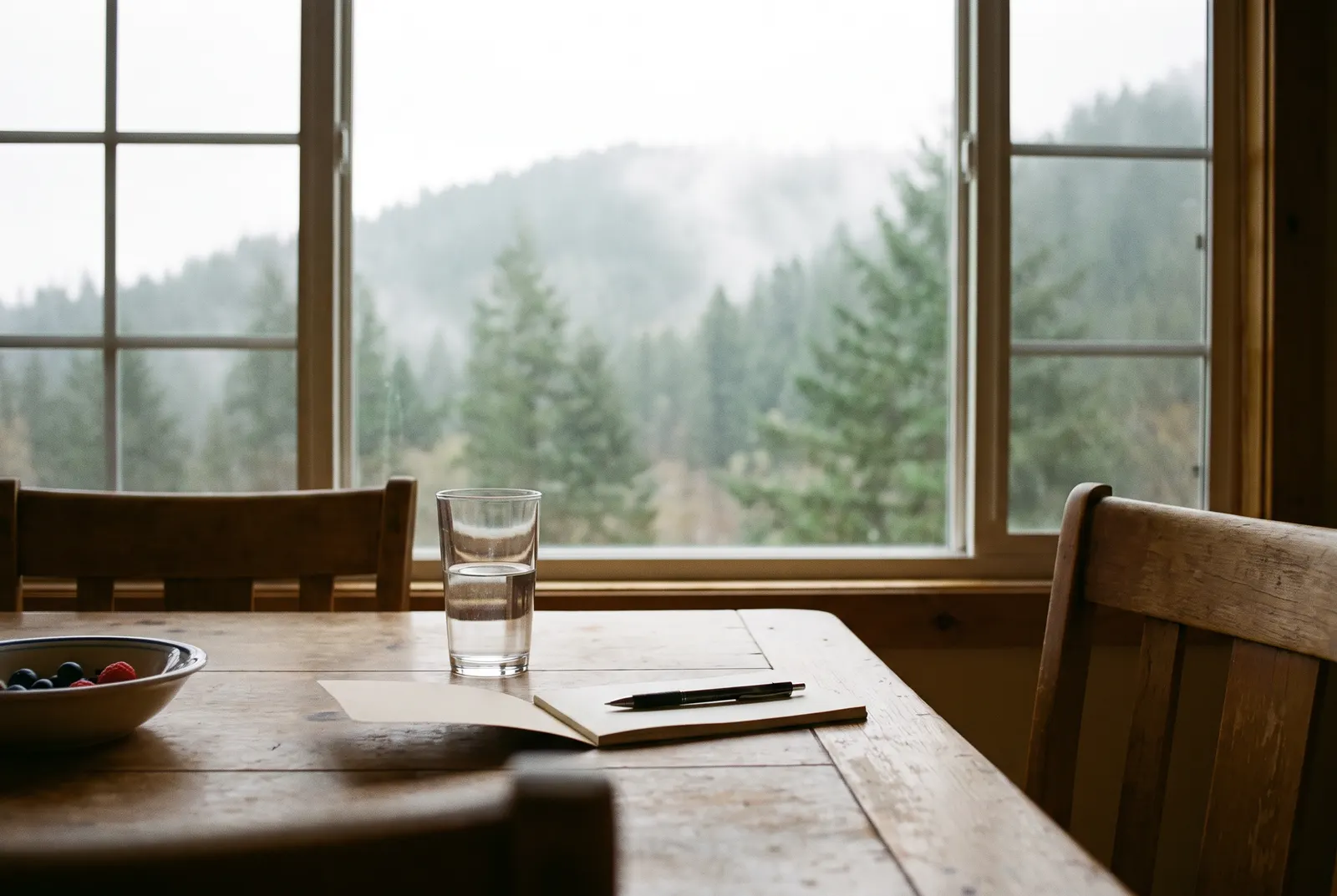 Glass of water, a blank notepad and pen, and a bowl of berries on a wooden kitchen table beside a window with misty evergreen trees
