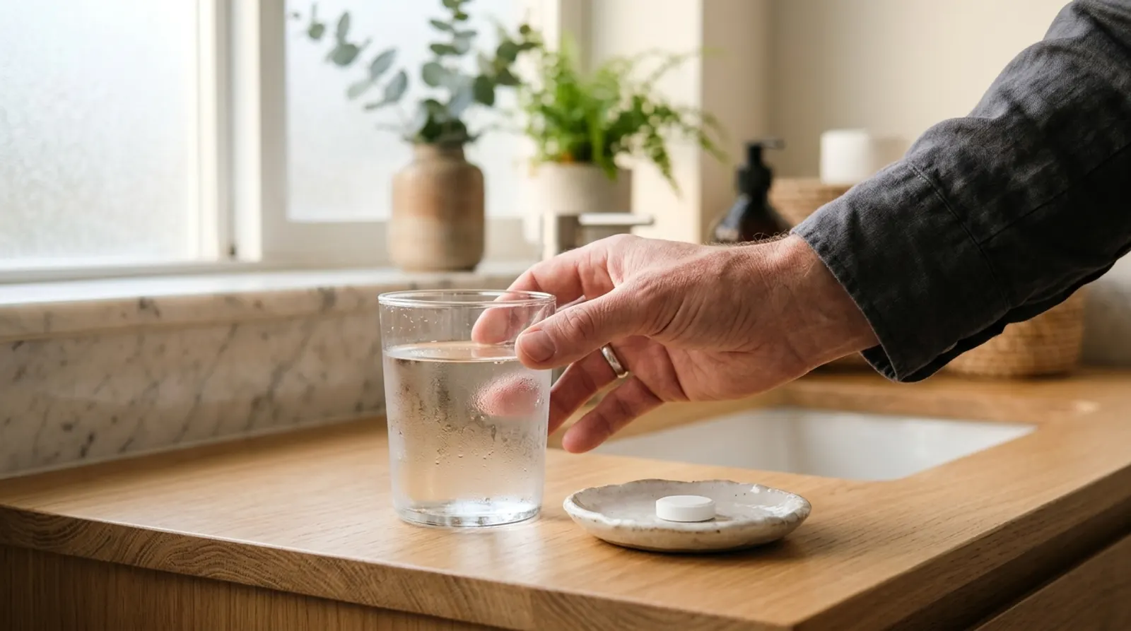 Hand reaching for a glass of water next to a single white tablet on a bathroom counter in the morning
