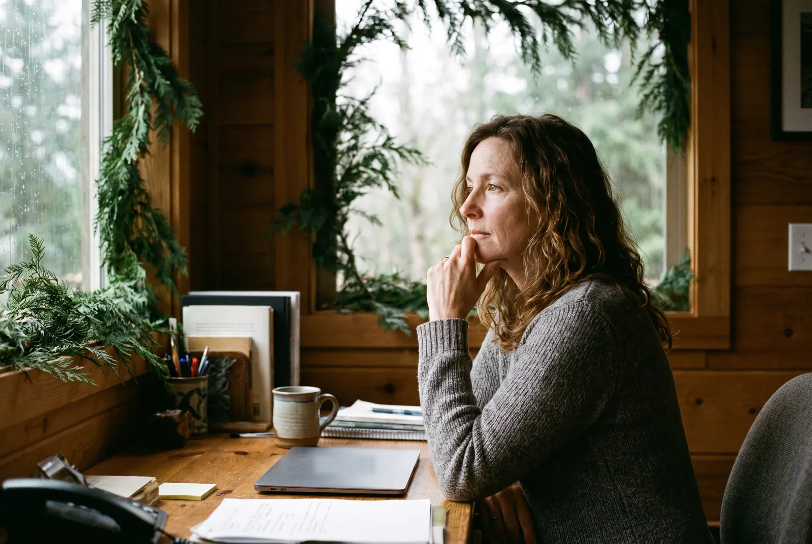 Woman in her late forties in a gray sweater resting her chin on her hand and gazing out a rainy window from a wooden desk