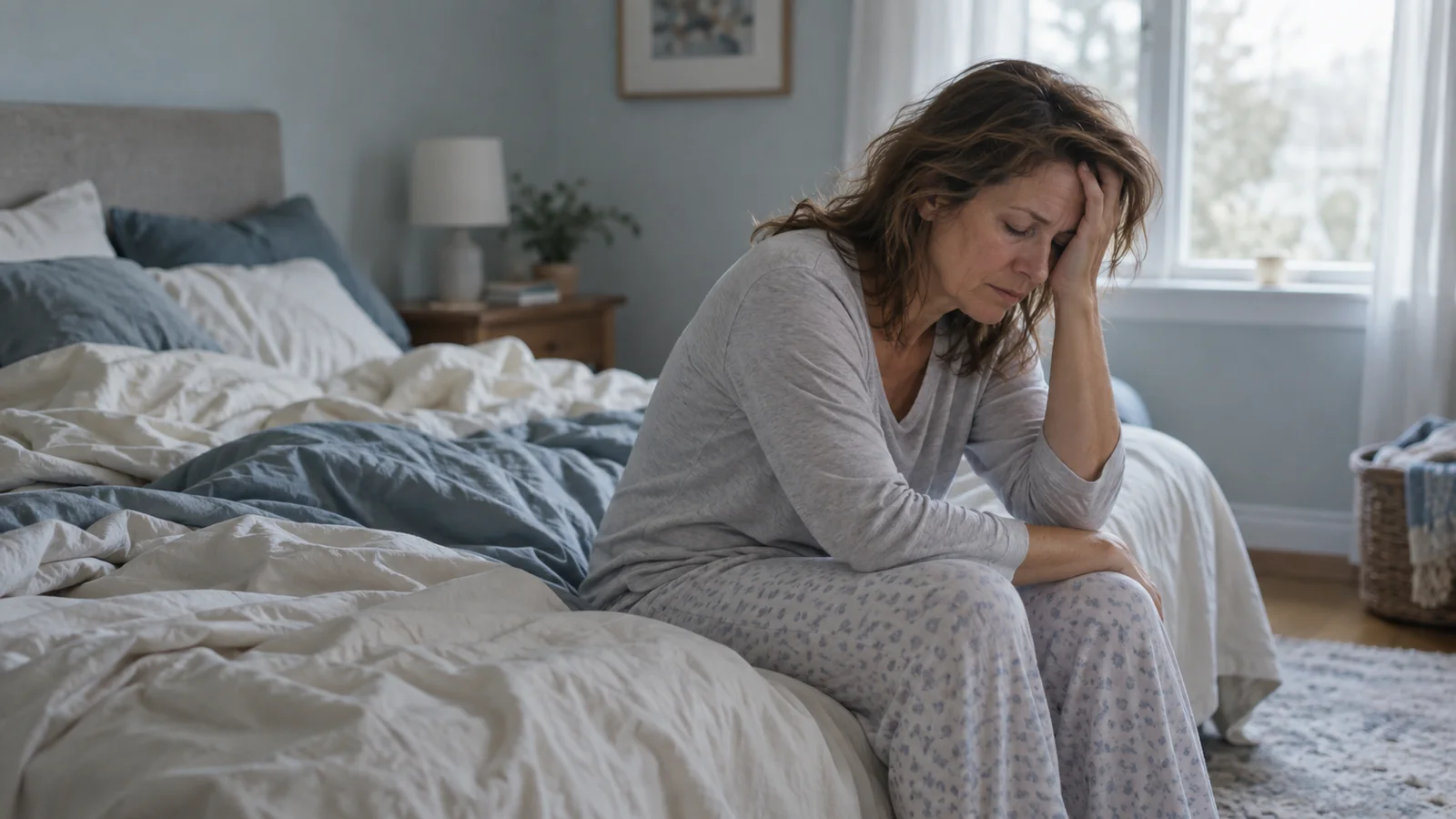 Woman sitting on the edge of her bed in the morning with her hand against her forehead