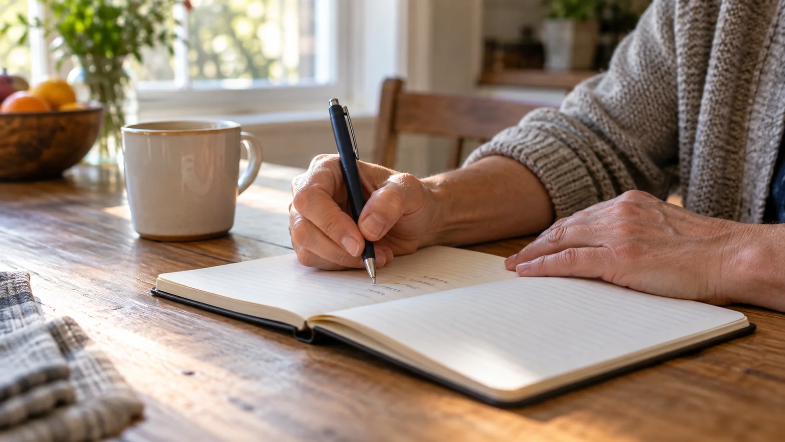 Hands writing notes in a lined symptom journal at a kitchen table