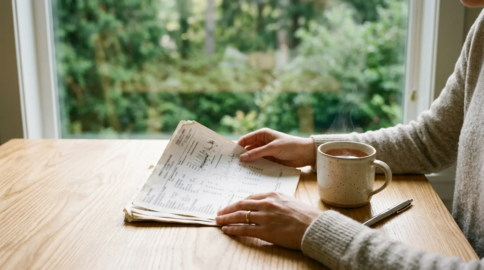 Woman at a kitchen table reading printed lab results beside a mug of tea