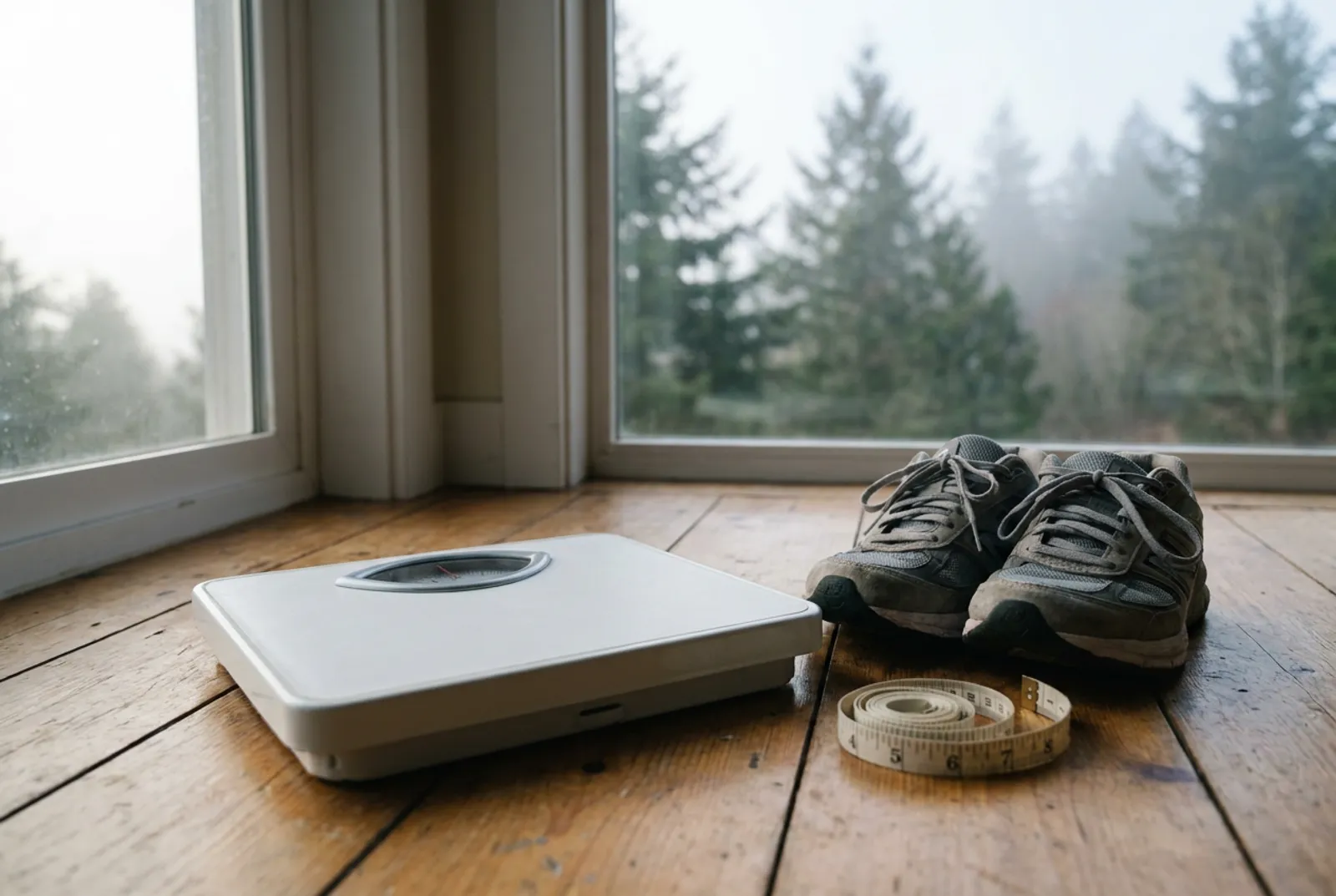 White bathroom scale, worn running shoes and a cloth tape measure on a wooden floor by a window with misty evergreen trees