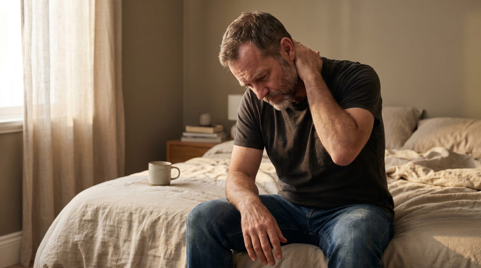 Tired man sitting on the edge of his bed in the morning, illustrating an educational article on the symptoms of low testosterone in men