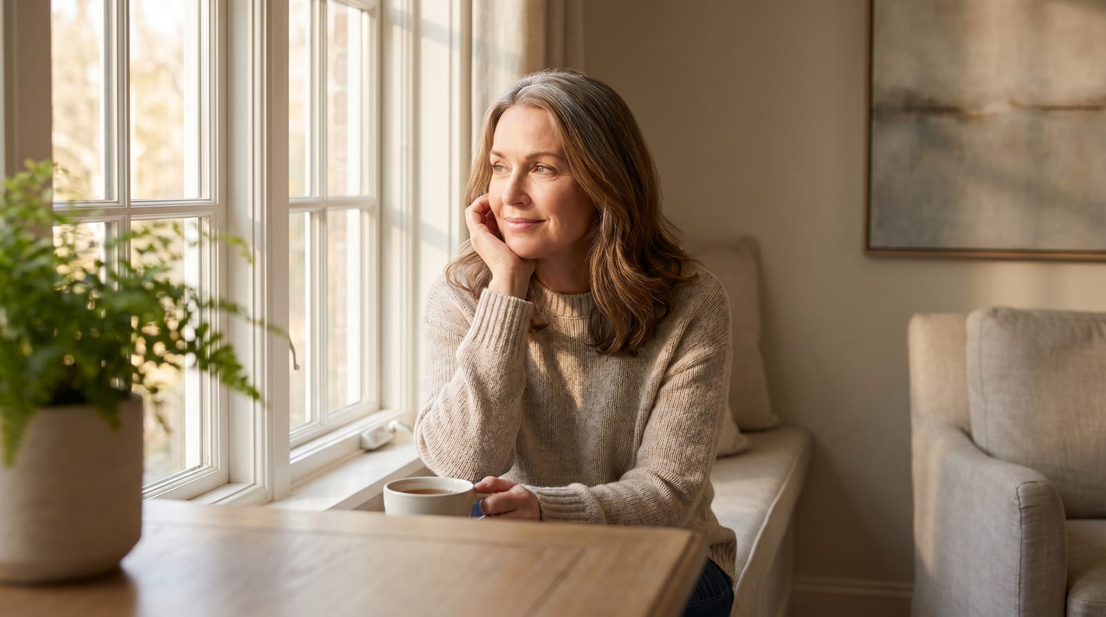 Woman in her late forties sitting thoughtfully by a sunlit window at home, representing the perimenopause transition and its common symptoms