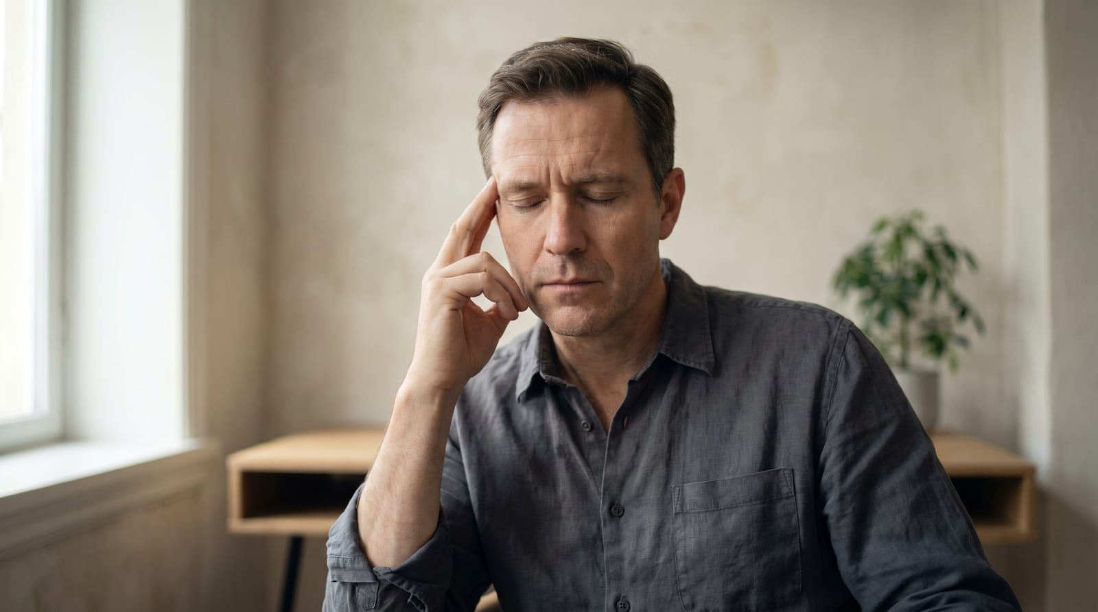 Man pressing his fingertips to his temple with a lingering headache, illustrating an educational article on the link between traumatic brain injury and hormone changes